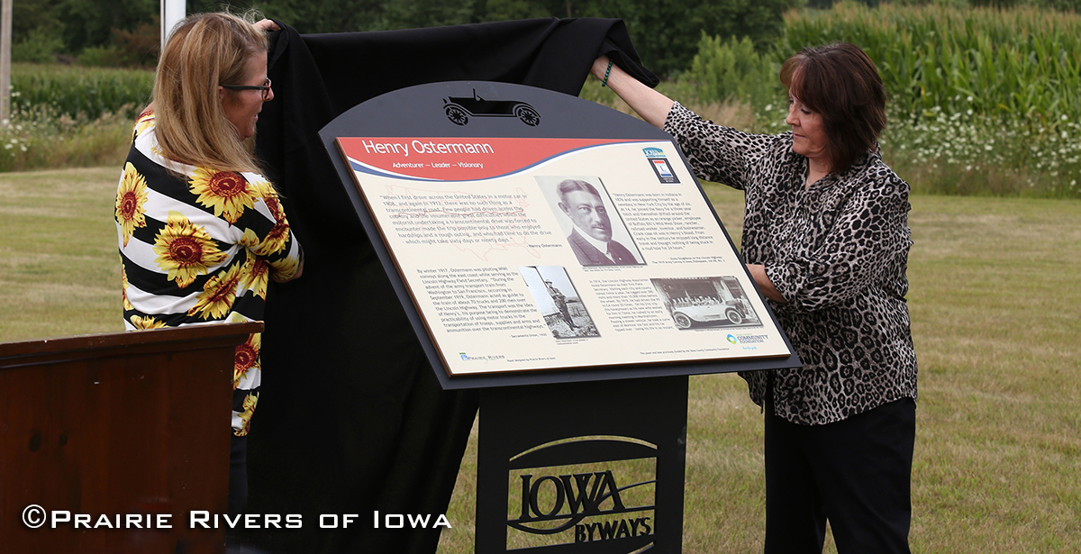 Lincoln Highway National Heritage Byway Henry Ostermann interpretive panel unveiling in Montour Iowa.