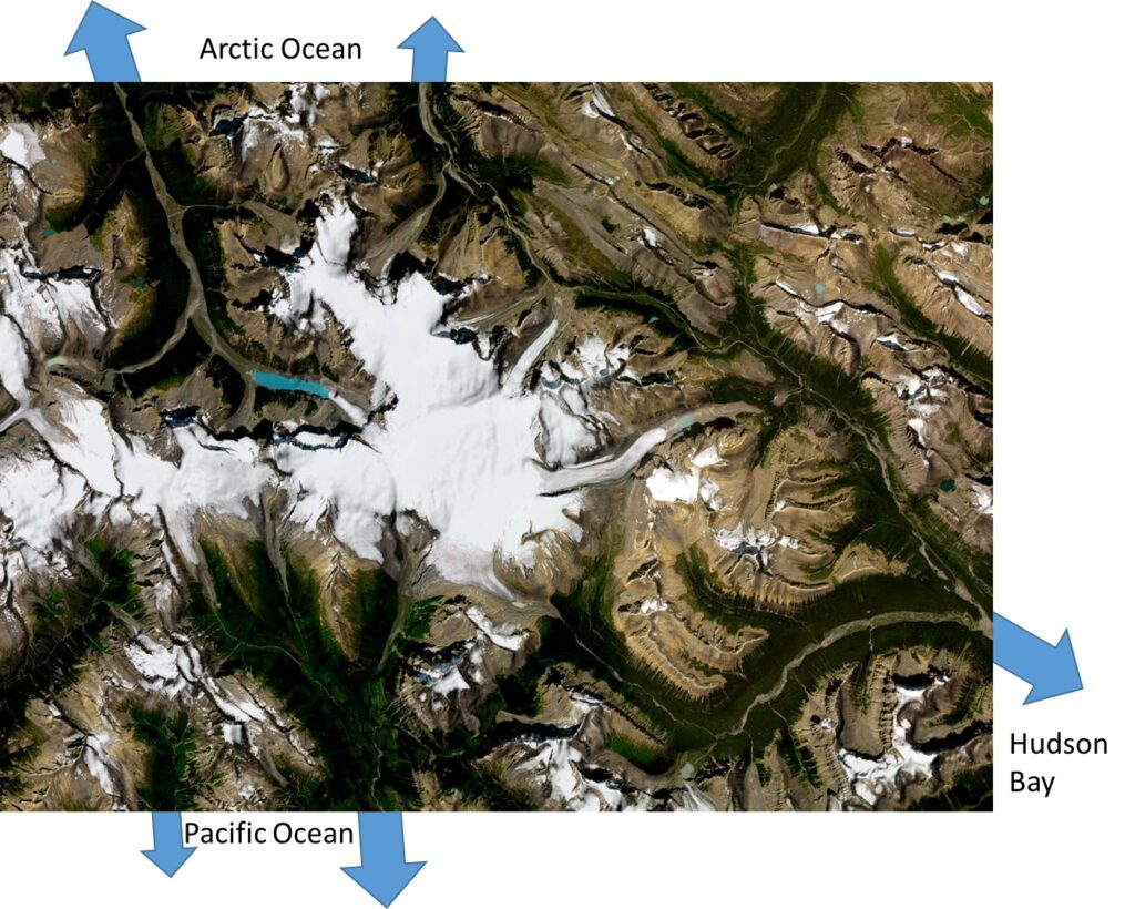 Aerial photo showing continental divide at Columbia Icefield