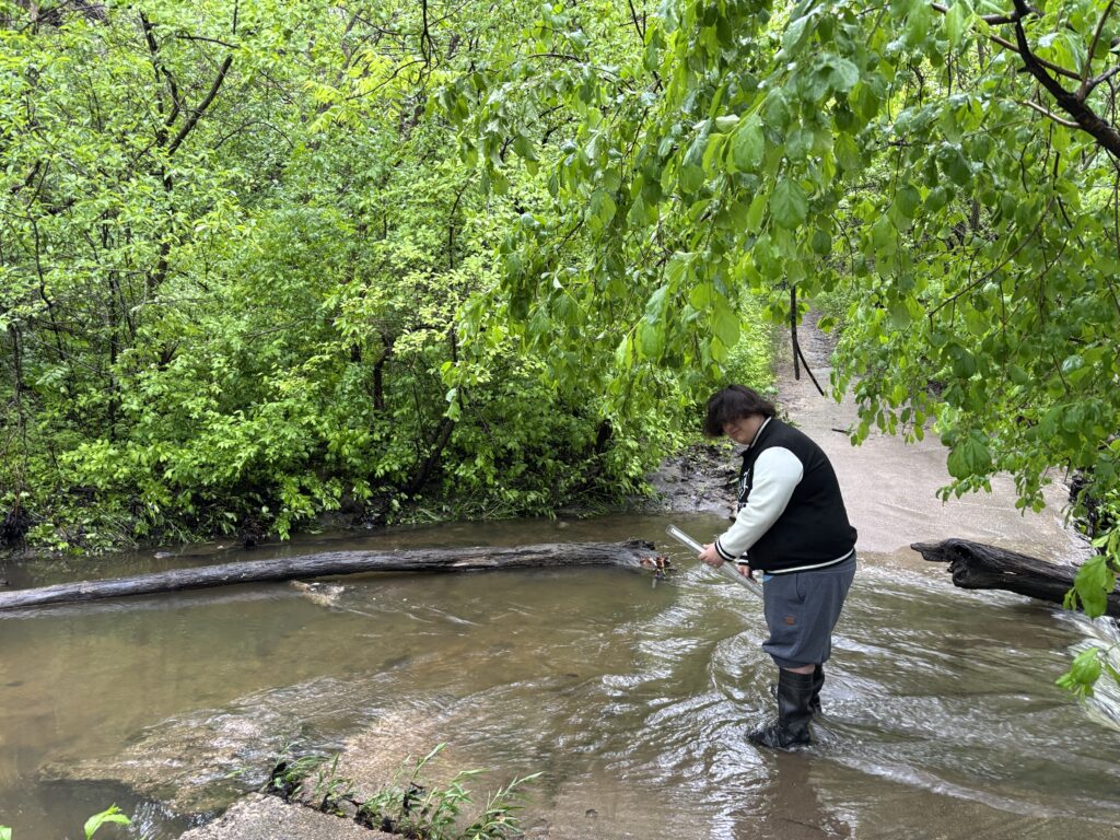 Ames High student tests water clarity in a tributary of Ioway Creek.