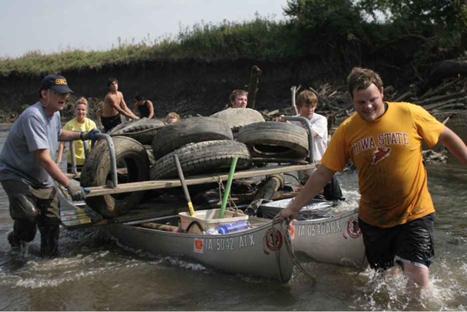 Canoes loaded with tires